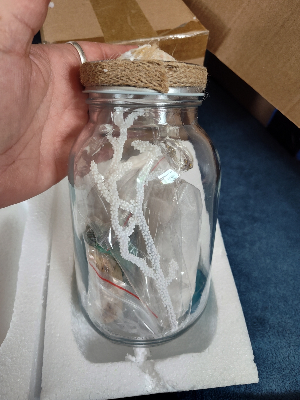Glass Decorative Jar with Lights, Beach Items And Twine Lid